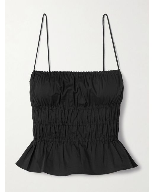 Staud Black Ayla Shirred Cotton-Blend Poplin Peplum Top