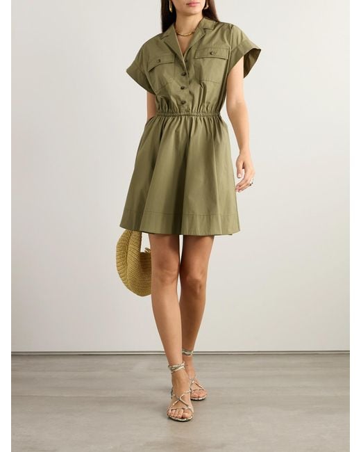Tory Burch Green Pleated Cotton-Blend Poplin Mini Shirt Dress