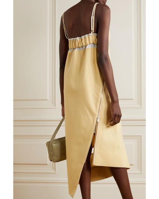 Sacai White Asymmetric Paneled Wool-Crepe And Chiffon Midi Dress