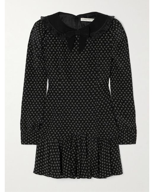 Alessandra Rich Black Minikleid Aus Crêpe De Chine Aus Seide Mit Blumenprint, Volant Sowie Besätzen Aus Samt Und Tüll
