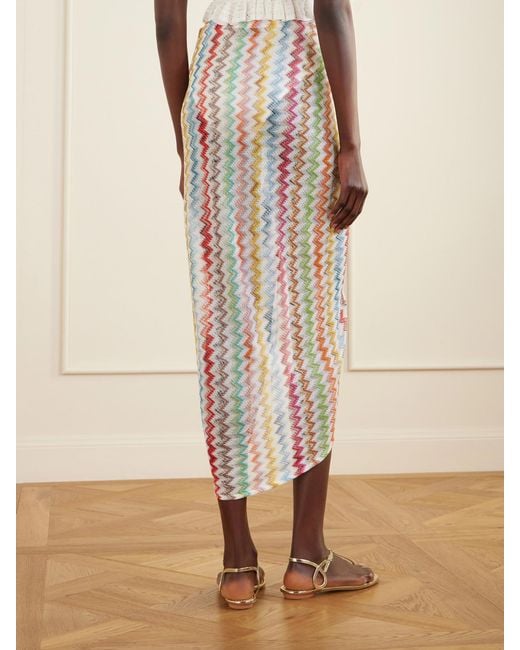 Missoni White Gathered Striped Metallic Crochet-Knit Midi Skirt