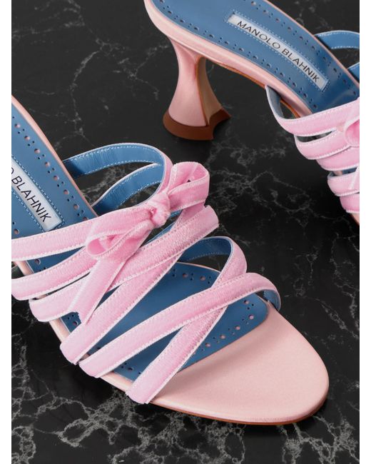 Manolo Blahnik Pink Clementel 70 Velvet-Trimmed Satin Mules