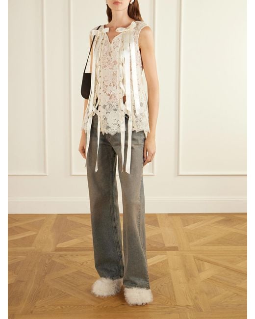 Simone Rocha White Unraveling Ribbon Portrait Bow-Detailed Lace Top