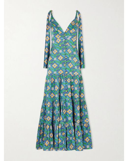Christiano Marchelli Blue Donatella Tie-Detailed Tiered Printed Silk-Blend Satin Maxi Dress