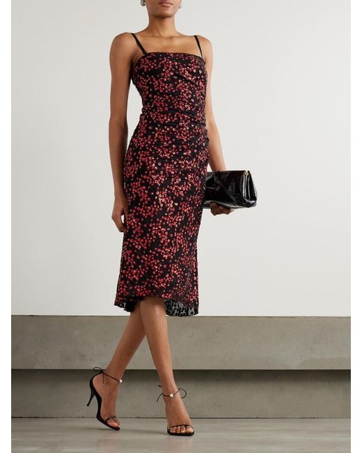 Staud Red Florentina Embellished Ruched Tulle Midi Dress