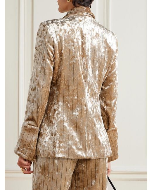 Loretta Caponi Natural Quarzo Double-Breasted Pinstriped Crushed-Velvet Blazer