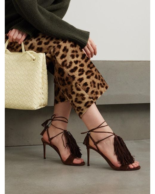Aquazzura Brown Gytane 85 Sandalen Aus Veloursleder Mit Fransen
