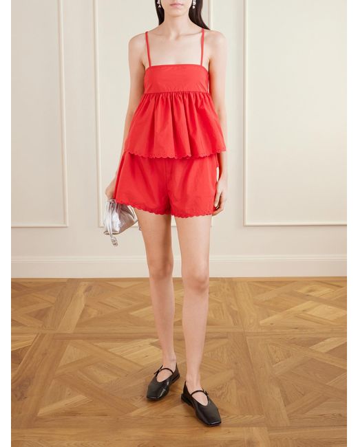 CECILIE BAHNSEN Red Blossom Broderie Anglaise-Trimmed Cotton-Blend Taffeta Shorts