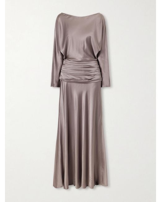 Staud Metallic Freda Gathered Silk-Blend Satin Maxi Dress