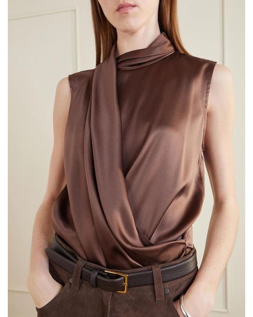 Brunello Cucinelli Brown Wrap-Effect Sleeveless Draped Silk-Blend Satin Blouse