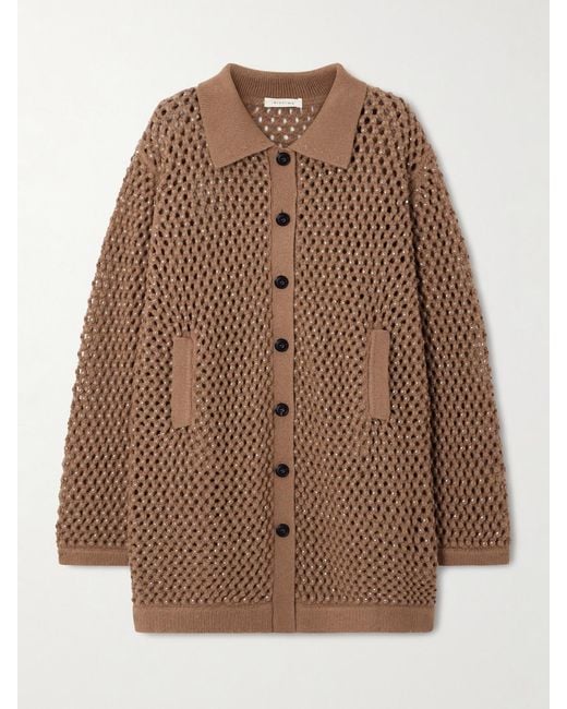 DIOTIMA Brown Crystal-Embellished Open-Knit Wool Cardigan