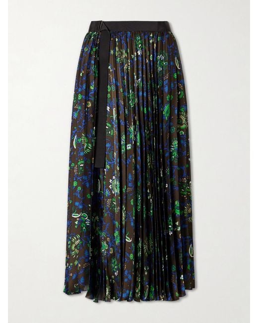 Sacai Black Belted Grosgrain-Trimmed Pleated Floral-Print Georgette Midi Skirt