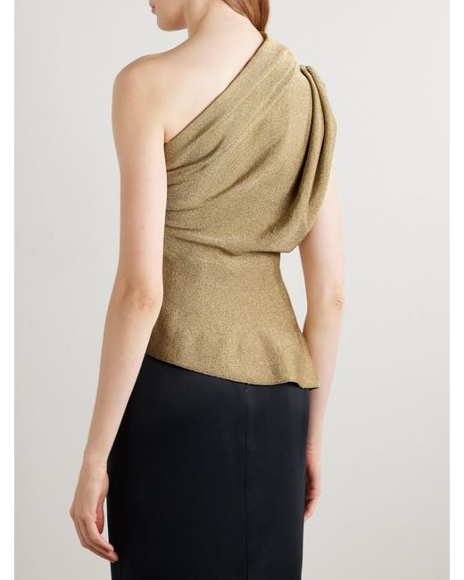 Khaite Natural Aimee Asymmetric One-Shoulder Draped Lurex Peplum Top