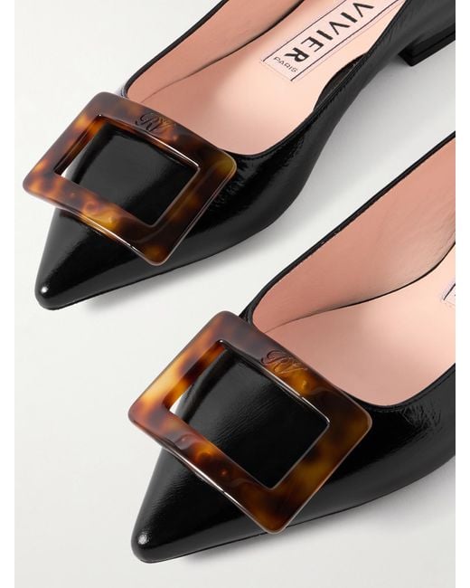 Roger Vivier Black Gommettine Buckled Glossed Crinkled-Leather Ballet Flats