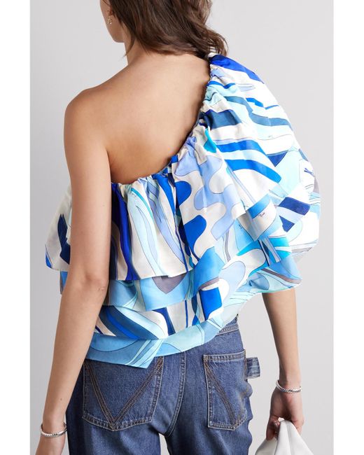 Emilio Pucci Blue One-Shoulder Printed Cotton-Voile Top