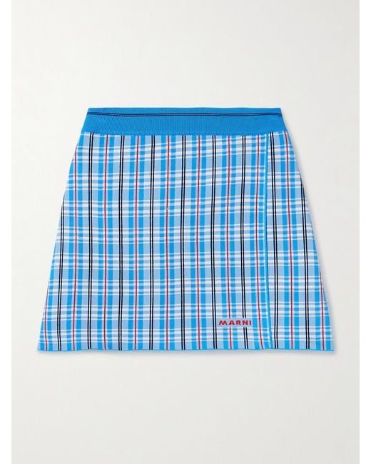 Marni Blue Wrap-Effect Checked Stretch-Knit Mini Skirt