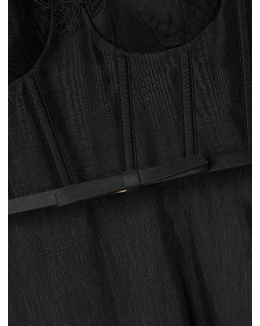 Zimmermann Black Hypnotic Picnic Midikleid Aus Einer Leinen-Seidenmischung Mit Spitzenbesätzen Und Gürtel