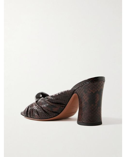 Zimmermann Brown Gleam Embellished Gathered Snake-Effect Leather Mules