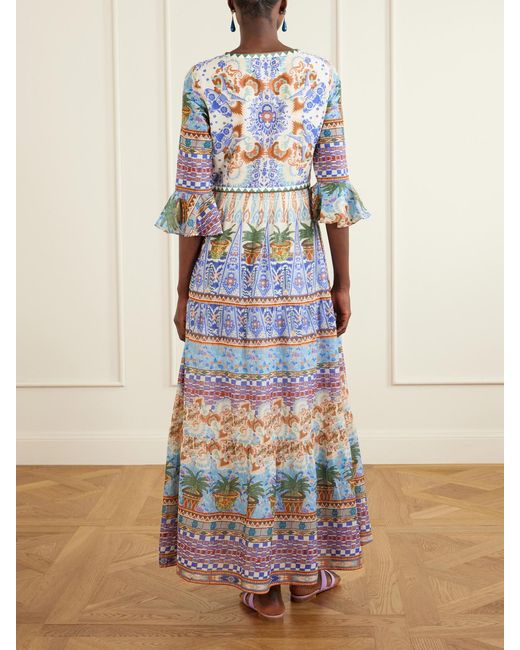 Emporio Sirenuse White Bella Pleated Printed Cotton Maxi Dress