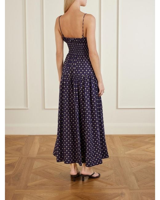 Doen Purple Safia Smocked Printed Cotton And Silk-Blend Voile Maxi Dress