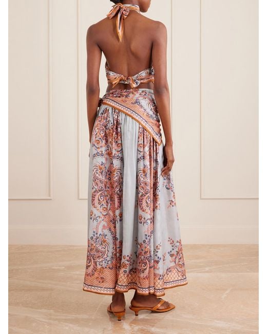 Zimmermann Pink Aster Floral-Print Silk-Satin Halterneck Top