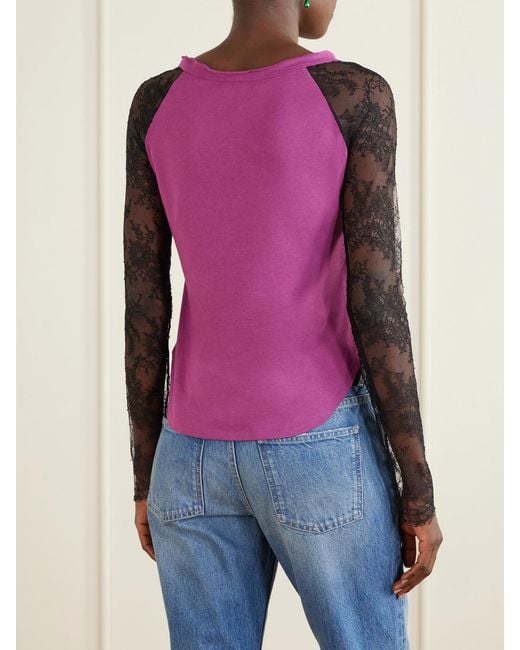 Valentino Garavani Pink Printed Lace-Trimmed Cotton T-Shirt
