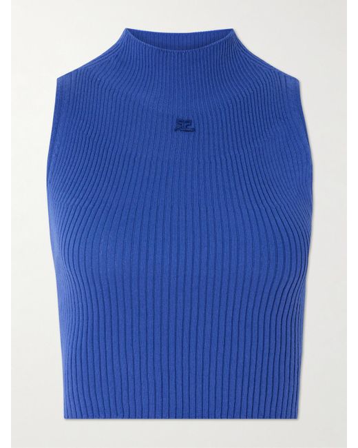 Courreges Blue Verkürztes Tanktop Aus Einer Gerippten Baumwoll-Merinowollmischung Mit Applikation