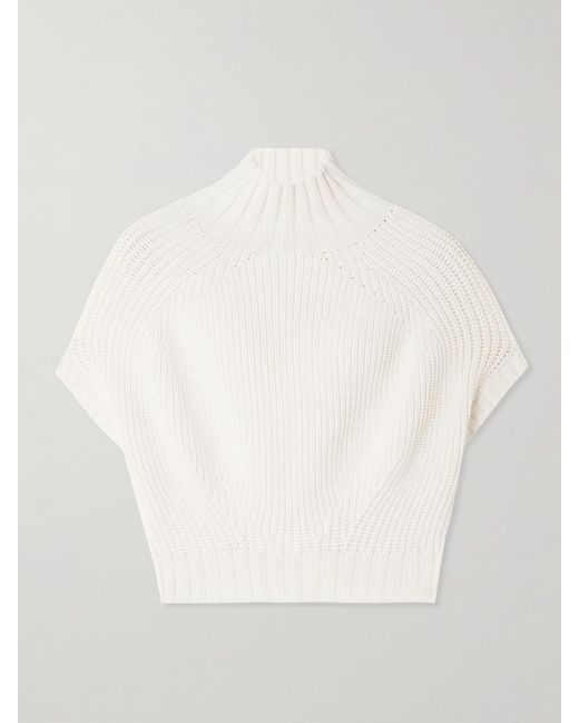 Sportmax White Balloon Cropped Ribbed Cotton-Blend Sweater
