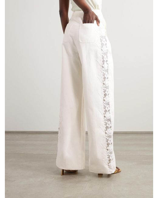 Safiyaa White Fredan Guipure Lace-Trimmed Cotton-Twill Wide-Leg Pants