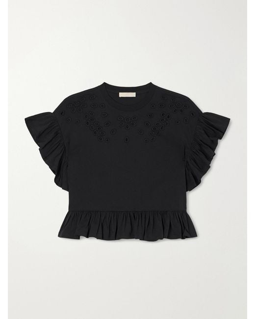 Ulla Johnson Black Mariana Ruffled Broderie Anglaise Organic Cotton-Jersey Blouse