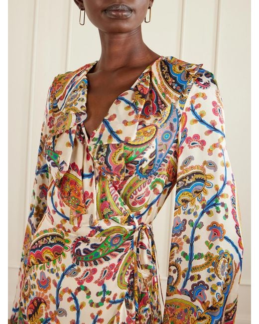Etro White Asymmetric Ruffled Paisley-Print Silk Wrap Dress