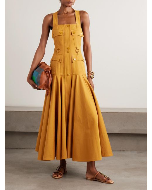 Zimmermann Yellow Luna Embellished Paneled Cotton-Drill Midi Dress