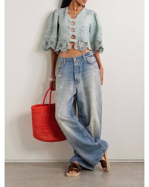 Sea Blue Iyla Cropped Embroidered Broderie Anglaise Cotton And Linen-Blend Top