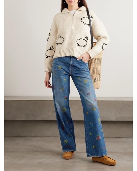 Mother Blue The Rerun Zip Sneak Floral-Print High-Rise Wide-Leg Jeans