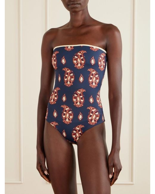 Johanna Ortiz Blue Alta Mar Printed Strapless Swimsuit