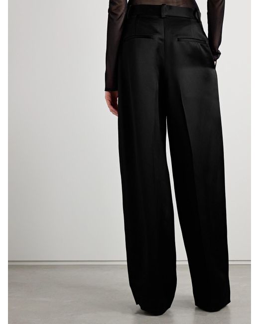 Khaite Black Marinta Satin-Trimmed Pleated Crepe Wide-Leg Pants