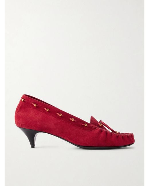 Khaite Red Milly Embellished Whipstitched Suede Pumps