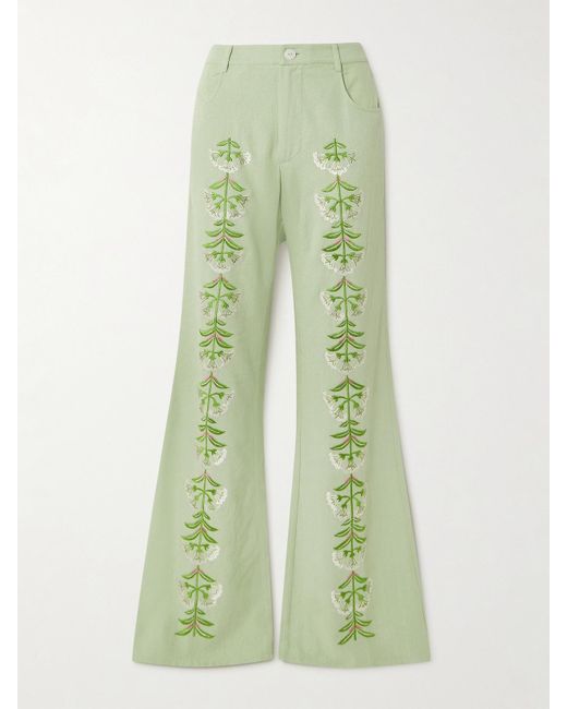 Alix Of Bohemia Green Charlie Embroidered Slubbed Silk Flared Pants