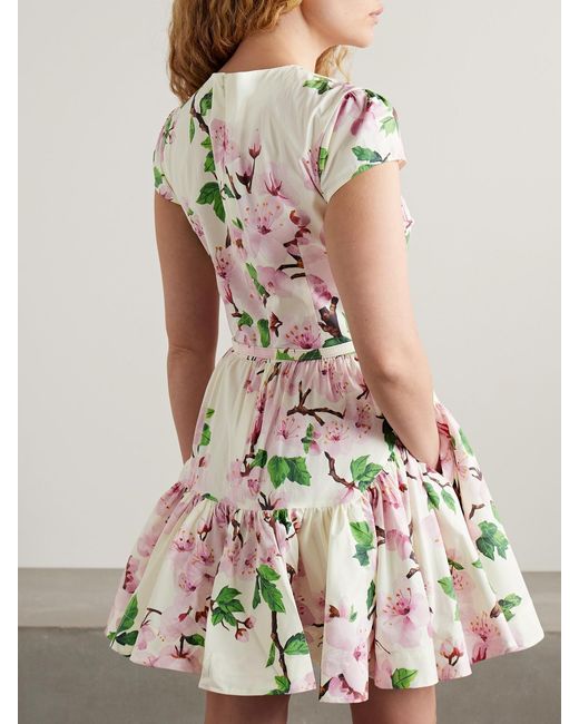 Oscar de la Renta Natural Belted Tiered Floral-Print Cotton-Blend Poplin Mini Dress