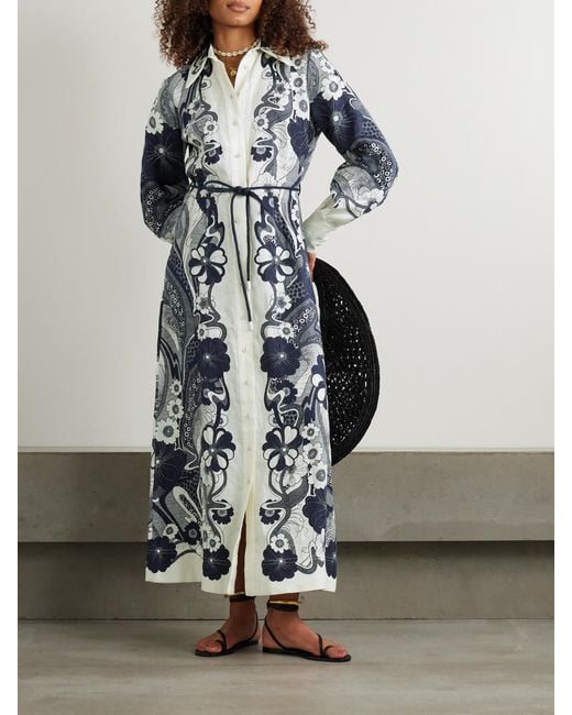 ALÉMAIS Blue Mickey Belted Printed Linen-Gauze Maxi Shirt Dress