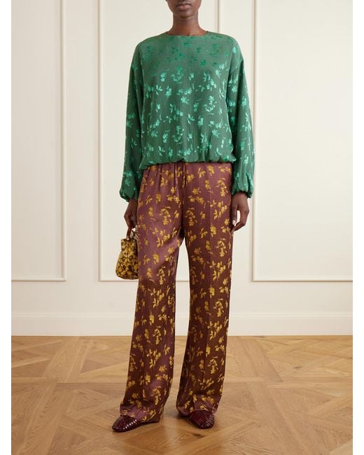 Dries Van Noten Brown Floral-Jacquard Satin Wide-Leg Pants