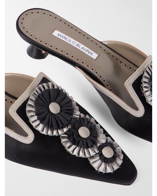 Manolo Blahnik Black Merode 30 Grosgrain-Trimmed Satin Mules