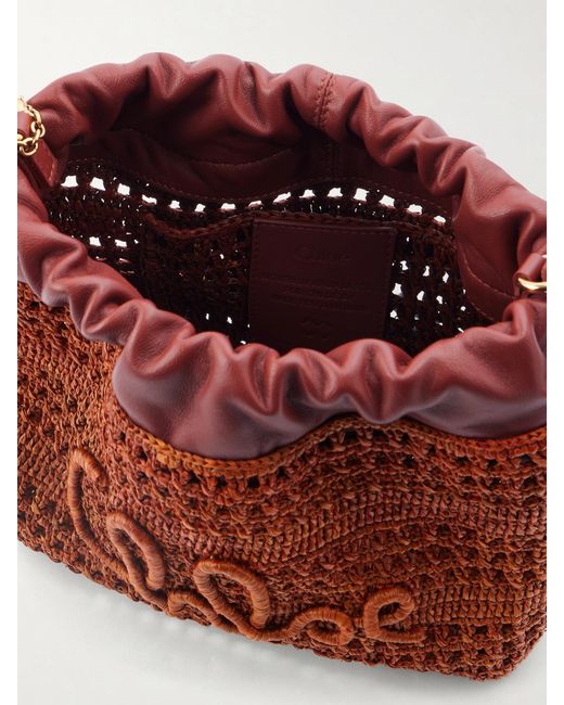 Chloé Red Summer Banana Leather-Trimmed Raffia Shoulder Bag