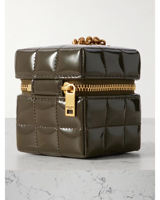 Saint Laurent Green Cassandre Micro Cube Quilted Patent-Leather Pouch