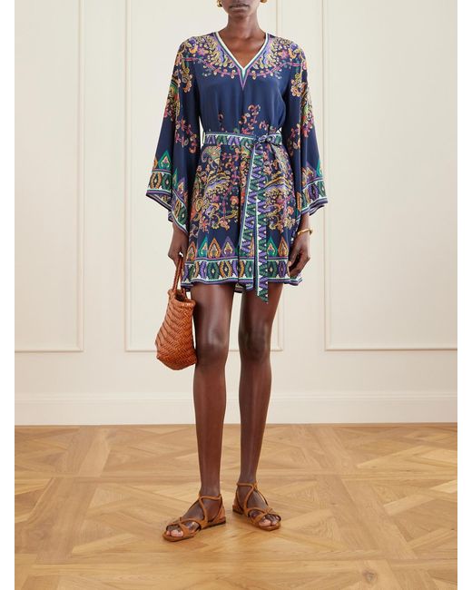 Etro Blue Belted Paisley-Print Silk-Twill Mini Dress