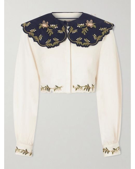 Agua Bendita Blue Cumbre Floral-Embroidered Appliquéd Tiered Linen Shirt