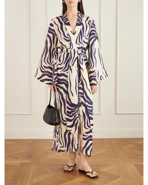 Johanna Ortiz White Boa Whisper Belted Zebra-Print Linen Cover-Up