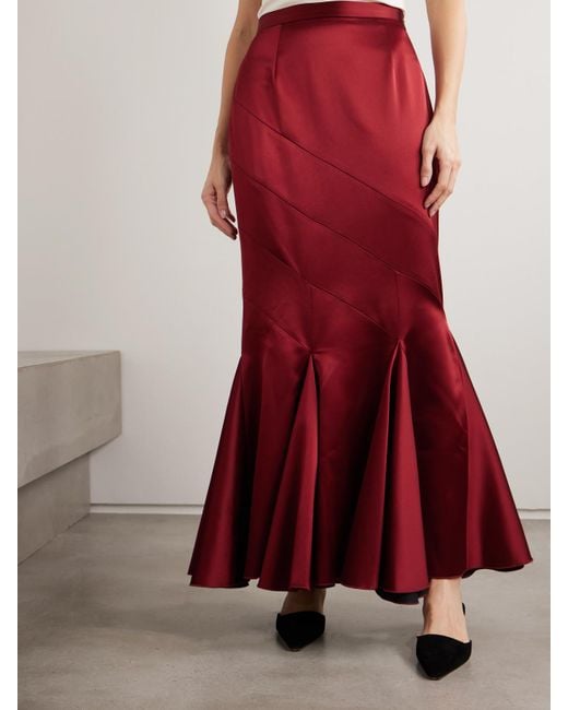 Violante Nessi Red Gentileschi Pleated Paneled Satin Maxi Skirt