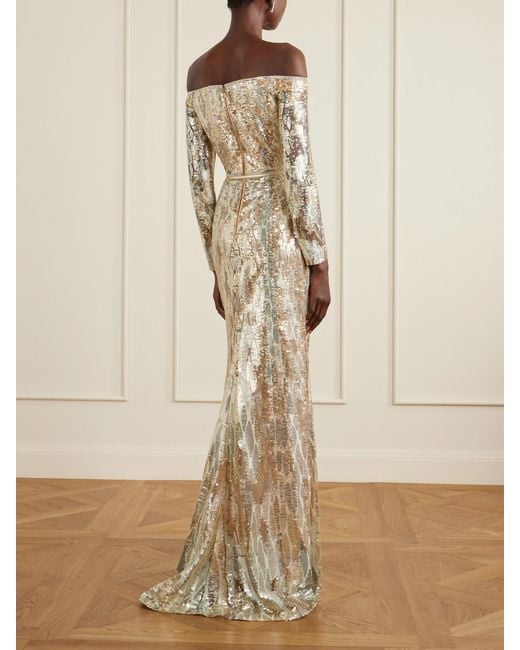 Elie Saab Natural Off-The-Shoulder Sequined Silk-Blend Gown