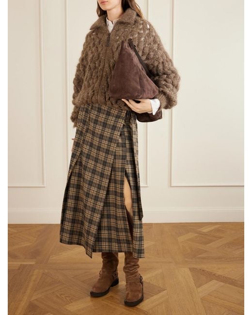 Brunello Cucinelli Brown Bead-Embellished Suede Biker Boots